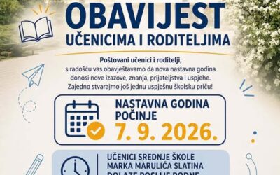 Obavijest učenicima i roditeljima o početku nove školske 2026./2027.