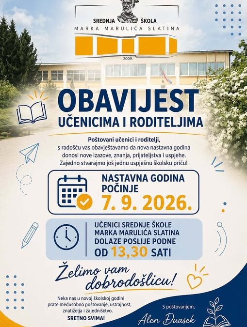 Obavijest učenicima i roditeljima o početku nove školske 2026./2027.