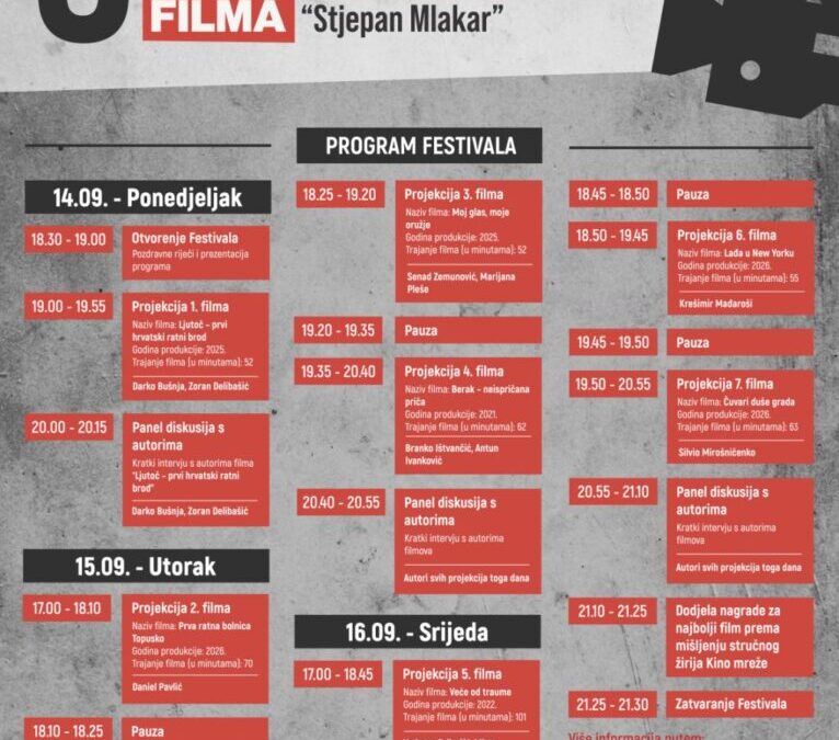 Poziv na 3. festival Domoljubnog filma “Stjepan Mlakar” u kino dvorani Pučkog otvorenog učilišta Slatina